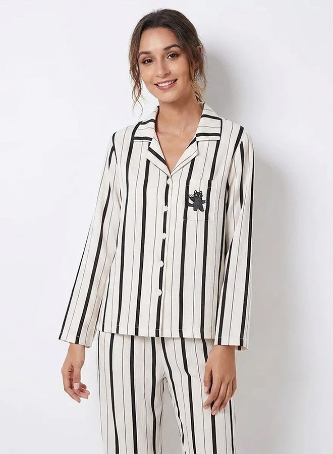 MARGOUN (Large Size) Women’s Striped Pajama Set – Long Sleeve Button-Down Shirt and Long Pants Nightwear – Soft Silk-Feel Loungewear with Cute Cat Motif – 2-Piece Sleepwear Set - White - Image 2