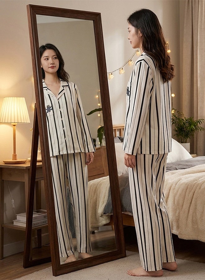 MARGOUN (Large Size) Women’s Striped Pajama Set – Long Sleeve Button-Down Shirt and Long Pants Nightwear – Soft Silk-Feel Loungewear with Cute Cat Motif – 2-Piece Sleepwear Set - White - Image 5