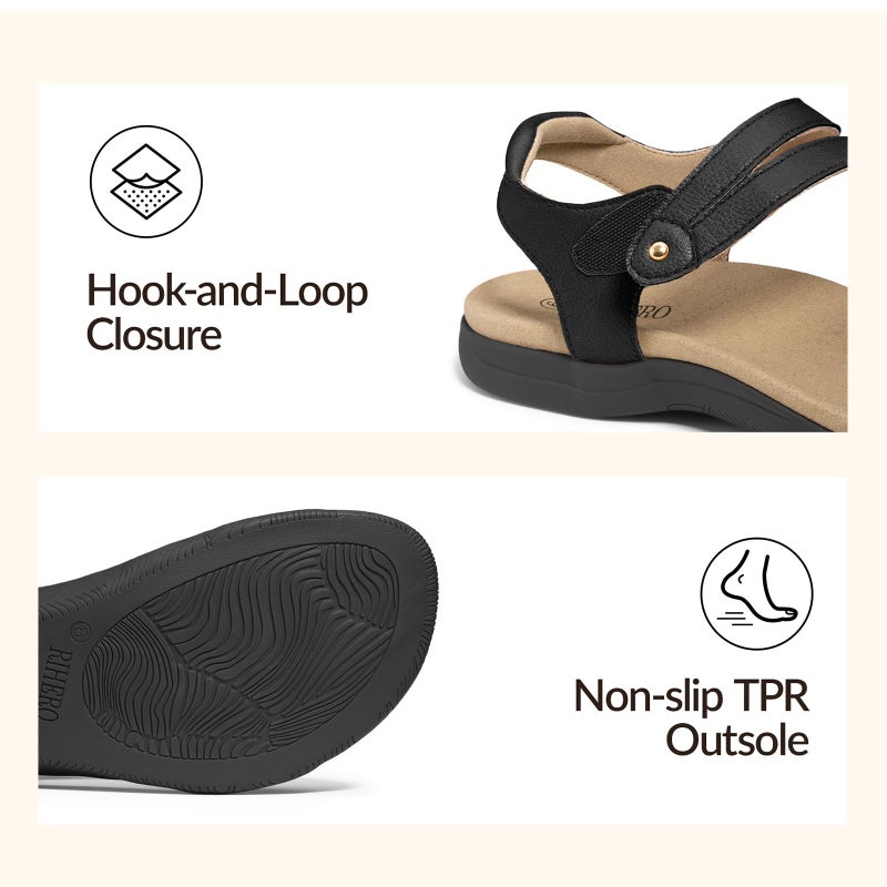 Rihero Orthopedic Sandals for Women Arch Support Comfortable Flat Sandals with Adjustable Strap for Summer Beach Walking Black 8 - Image 5