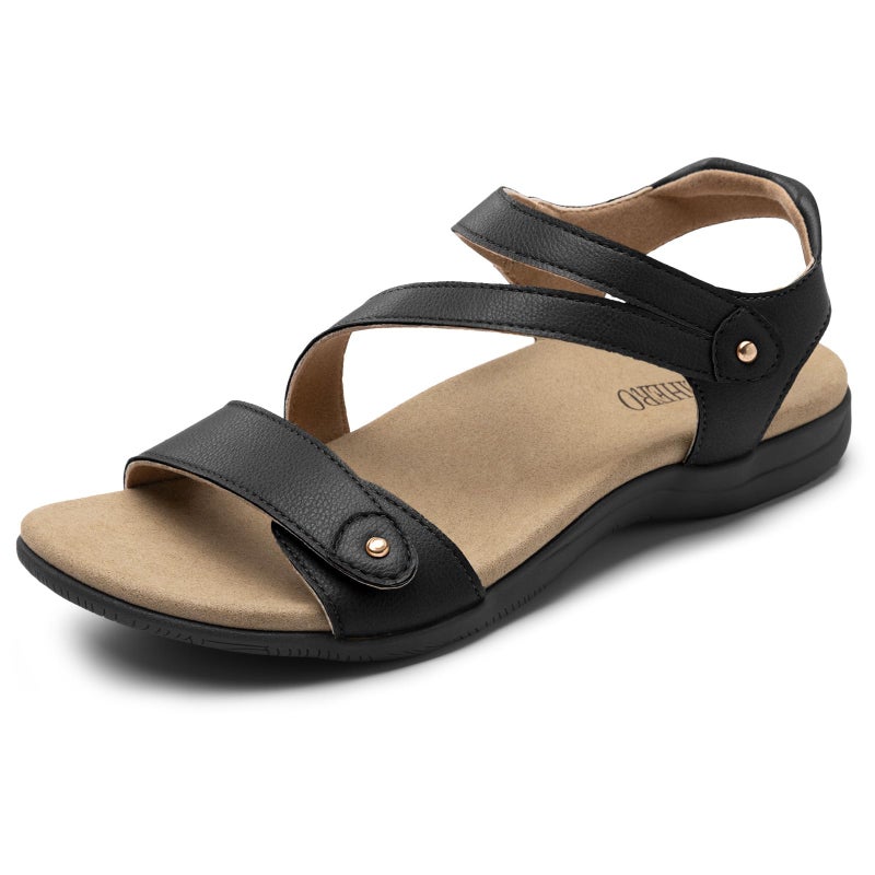 Rihero Orthopedic Sandals for Women Arch Support Comfortable Flat Sandals with Adjustable Strap for Summer Beach Walking Black 8 - Image 1