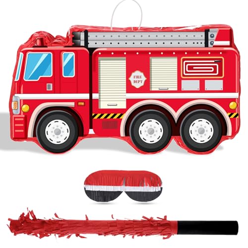 Aoriher Fire Truck Piata with Hanging Loop Blindfold Bat and Confetti Filler for Kids Boys Firefighter Firetruck Theme Birthday Party Decorations Supplies 1614 x 89 x 315 Inches - Image 1