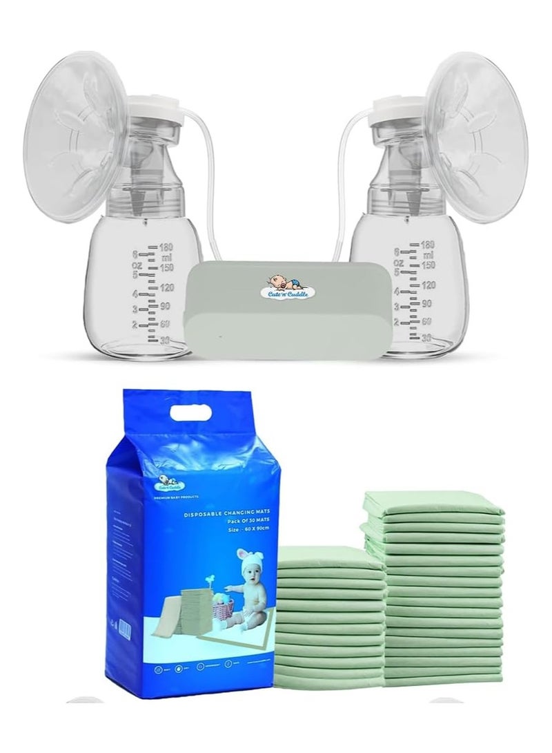 لطف وحضن جهاز شفط حليب كهربائي – بدون استخدام اليدين، قابل للارتداء، لاسلكي وقابل لإعادة الشحن مع صندوق تخزين، يحتوي على 9 مستويات و3 أوضاع | يشمل حفاضات تغيير الطفل من Cute 'n' Cuddle – عبوة 210 (60×90 سم، لون أخضر)، ناعمة ومقاومة للماء. - Image 1