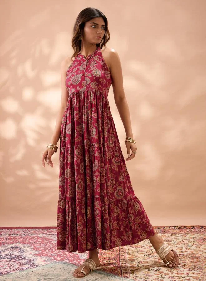 globus Halter Neck Floral Print Maxi Fusion Dress