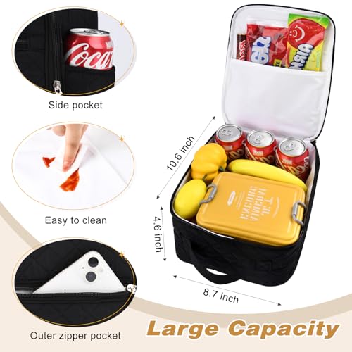 Aileam Lunch Box for Women Black Lunch Bag Quilted Reusable Insulated Cute Lunch Box Aesthetic Tote Bags Floral Cotton Lunch Case for Travel Work Picnic Black - Image 3