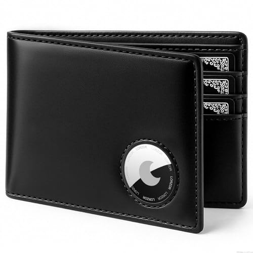 LORZOR AirTag Wallet- Bifold Top Grain Leather AirTag Wallet for Men, Minimalist Front Pocket Wallet with Airtag Holder, RFID Blocking, 12 Card Capacity Gift for Men(Black) - Image 1