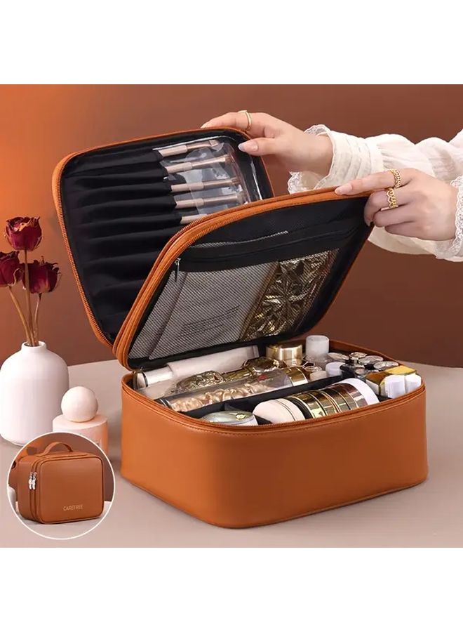 Brown Spacious Double Layer Makeup Bag with Four Compartments for Work Travel Outings - Image 1