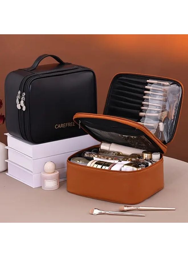 Brown Spacious Double Layer Makeup Bag with Four Compartments for Work Travel Outings - Image 3