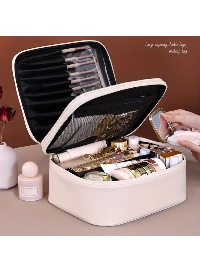 Brown Spacious Double Layer Makeup Bag with Four Compartments for Work Travel Outings - Image 2