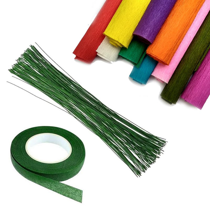 Artzone ورق كريب 25x100 سم (10 ألوان) مع سلك ساق زهور داكن أخضر بطول 12 بوصة لصنع الزهور الاصطناعية (25 قطعة سلك وشريط زهور أخضر) - Image 1