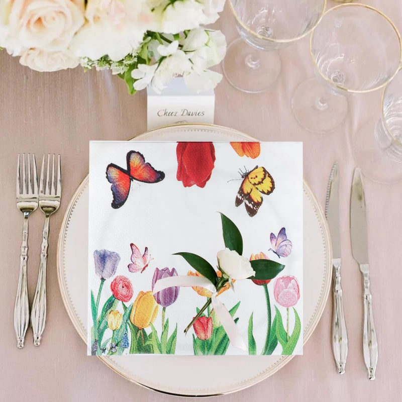 YOCHANDA 100 Pack Tulip Floral Cocktail Napkins  Floral Paper Napkins Decorative Spring Flowers Napkins for Bathroom Toilet Powder Room Holiday Wedding Bridal Shower (Inches  5 * 5) - Image 4
