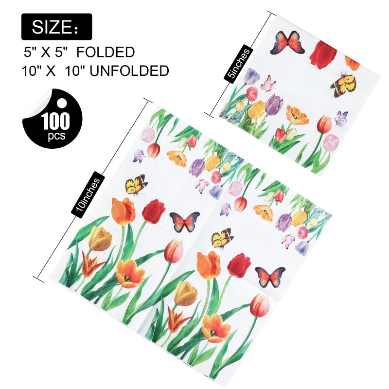 YOCHANDA 100 Pack Tulip Floral Cocktail Napkins  Floral Paper Napkins Decorative Spring Flowers Napkins for Bathroom Toilet Powder Room Holiday Wedding Bridal Shower (Inches  5 * 5) - Image 1