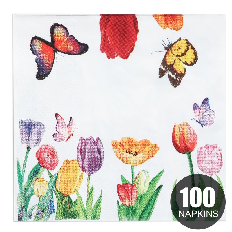 YOCHANDA 100 Pack Tulip Floral Cocktail Napkins  Floral Paper Napkins Decorative Spring Flowers Napkins for Bathroom Toilet Powder Room Holiday Wedding Bridal Shower (Inches  5 * 5) - Image 2