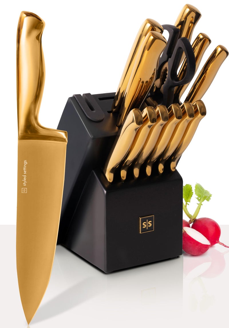 Black and Gold Knife Set with Block  14Piece UltraSharp Full Tang Knives with SelfSharpening Knife Block  Stylish Black and Gold Kitchen Accessories and Decor