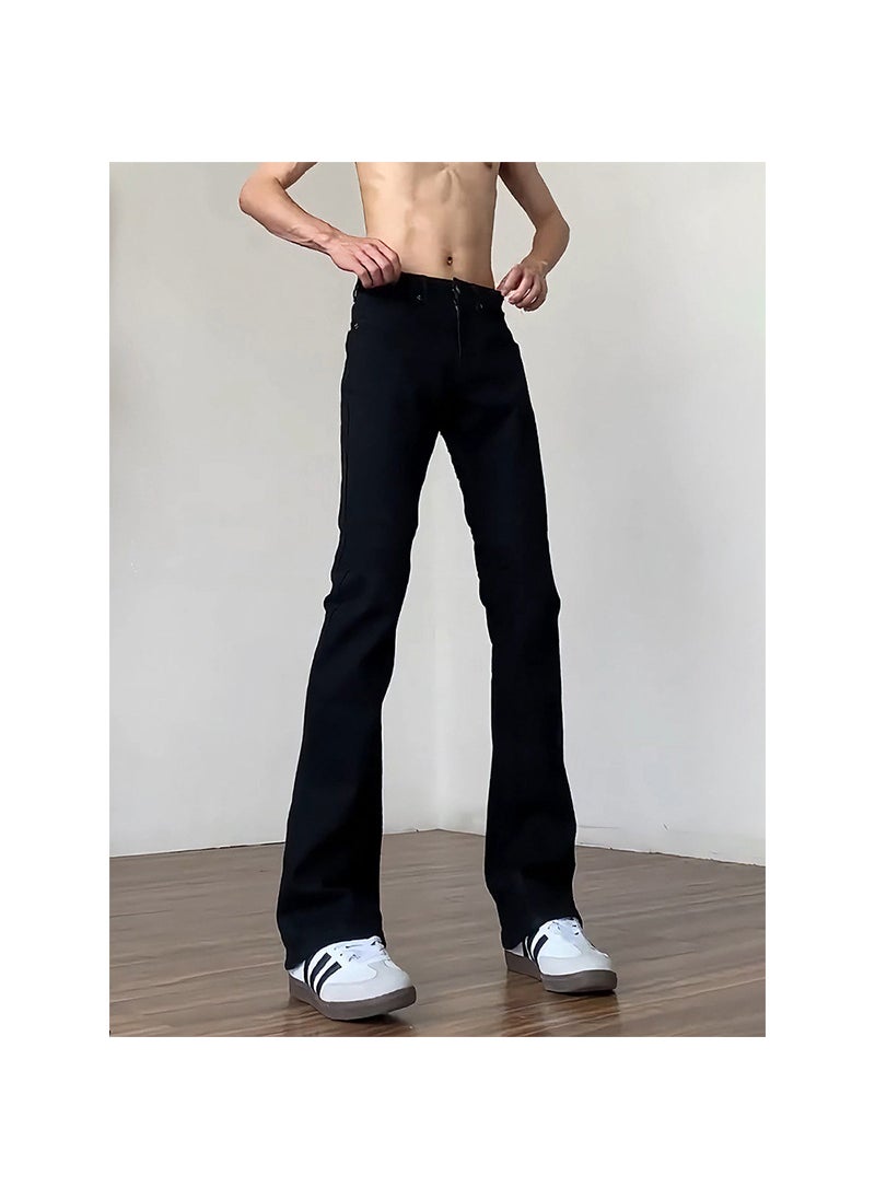 Generic All-Match Machete Micro Jeans Mens Summer Lacquer Pants American Style High Street Slim-Fit Slimming Straight Pants Black [slightly flared pants] 