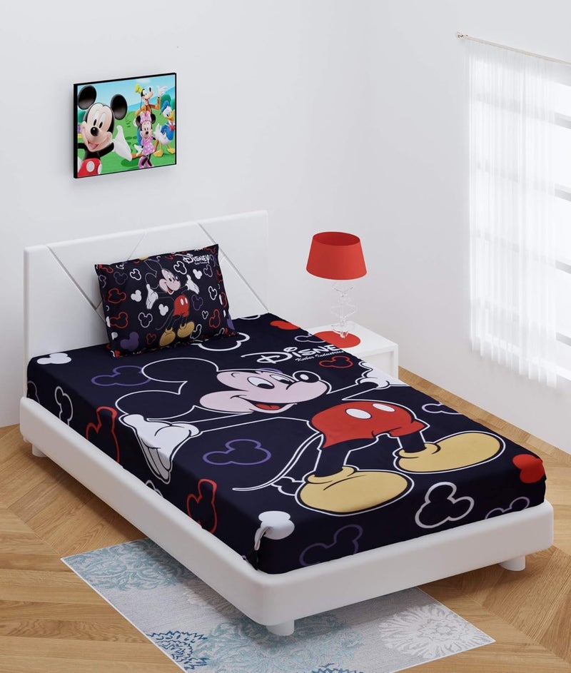 Kuber Industries Kuber Industries Disney Mickey Print Silk Special Long Crush Single Bedsheet with 1 Pillow Cover (Black)-KUBMART010146  - Image 1