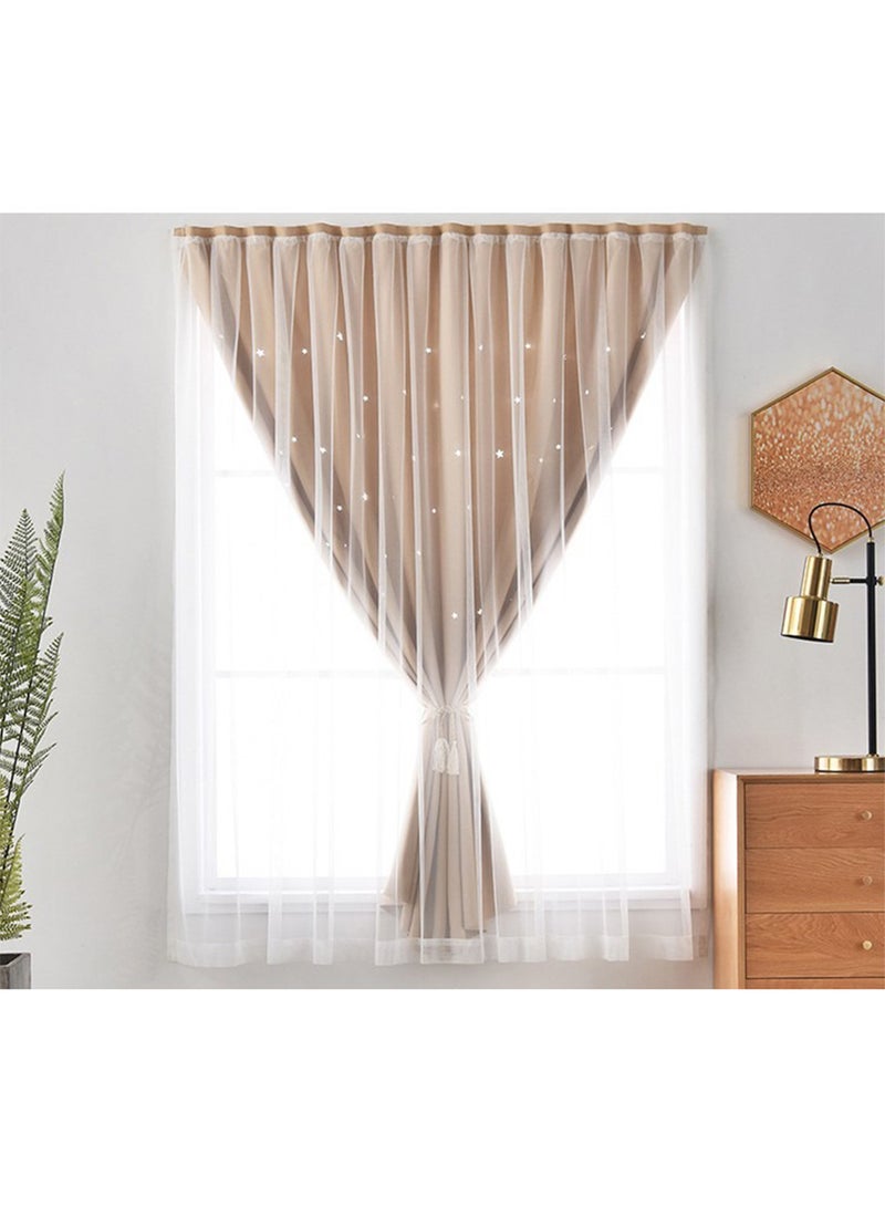 ستائر تعتيم نجوم مزدوجة الطبقات بشريط فيلكرو، لوحة واحدة بدون قضبان ستائر نافذة لغرفة النوم وغرفة المعيشة وباب الحمام وخزانة الملابس (بيج، 100 عرض × 200 ارتفاع سم) - Image 1