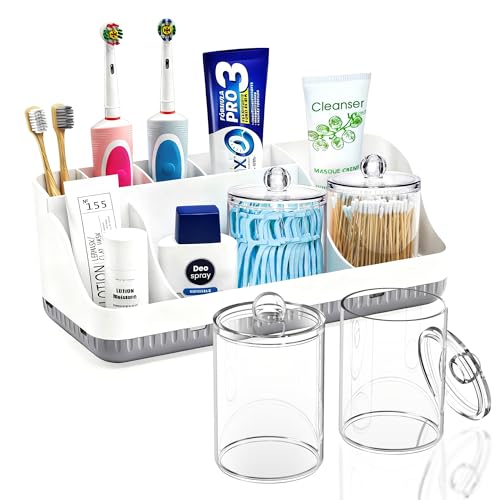 Homtalker Bathroom Counter Organizer and Storage with 2 Pack Qtip Holder Dispenser, 7 Slots Detachable Toothbrush Holders for Bathrooms, Anti-Slip Electric Toothbrush and Toothpaste Holder Countertop - Image 1