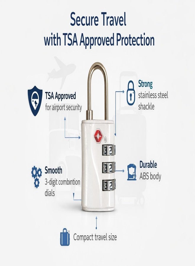 قفل أمتعة معتمد من إدارة أمن النقل الأمريكية (TSA) من شركة كويرا، مكون من 3 أرقام - قفل حقائب سفر قابل لإعادة الضبط للحقائب وحقائب الظهر وعربات السفر - قفل أمان معدني متين (أبيض) - Image 2
