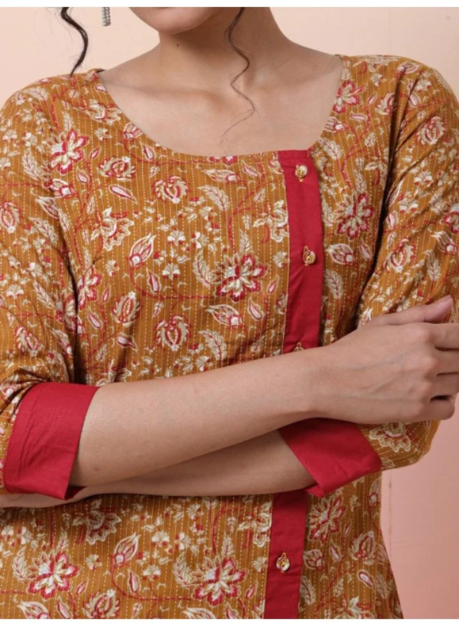 AKS Mustard A-Line Button Down Kantha Kurta