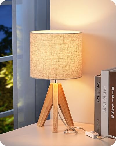 EDISHINE Small Table Lamp Boho Bedside Lamp with Linen Fabric Shade Wood Tripod Nightstand Lamp for Nursery Living Room Bedroom Narrow End Table UL Listed 142 Inch ONOff Switch - Image 1
