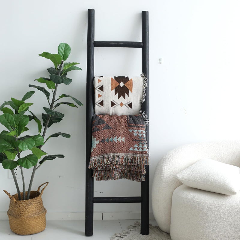 FUIN 57in Wood Blanket Ladder Living Room Decorative Wall Leaning Farmhouse Quilt Display Holder Rustic Wooden Towel Rack for Bathroom, Black - Image 2