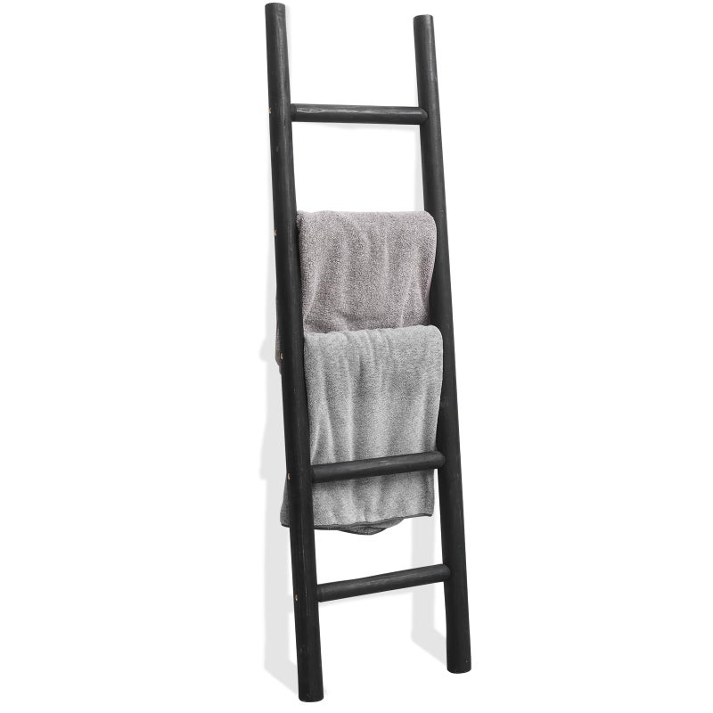 FUIN 57in Wood Blanket Ladder Living Room Decorative Wall Leaning Farmhouse Quilt Display Holder Rustic Wooden Towel Rack for Bathroom, Black - Image 1