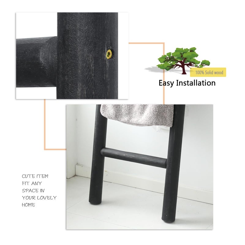 FUIN 57in Wood Blanket Ladder Living Room Decorative Wall Leaning Farmhouse Quilt Display Holder Rustic Wooden Towel Rack for Bathroom, Black - Image 4
