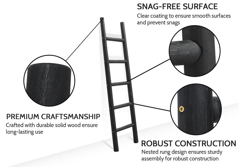 FUIN 57in Wood Blanket Ladder Living Room Decorative Wall Leaning Farmhouse Quilt Display Holder Rustic Wooden Towel Rack for Bathroom, Black - Image 3