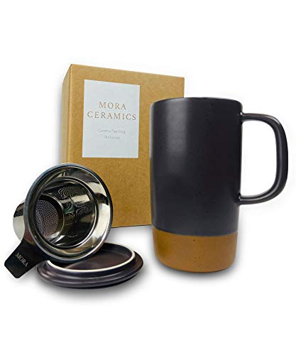 Mora Mora Ceramics Large Tea Mug with Loose Leaf Infuser and Ceramic Lid 18 oz Portable Microwave Dishwasher Safe Tall Coffee Cup  Rustic Matte Ceramic Glaze Modern Herbal Tea Strainer Nightwaves 