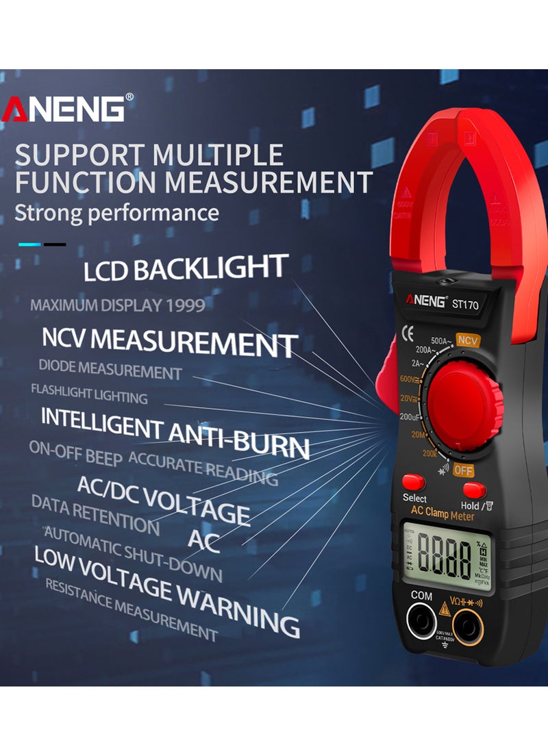 ANENG ST170 Smart Clamp Meter 1999 Counts Auto-ranging Digital Multimeter LCD Screen AC DC Voltage AC Current Tester LED Flashlight NCV Induction Voltage Meter Resistance Capacitance Diode Testing - Image 4