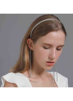 Yheakne Bling Rhinestone Tassel Hair Band Headband Sparkling Thin Hair Hoop Row Crystal Headband Headwear Silver Wedding Headpieces Bridal Hair Accessories For Women And Girls  - Image 1