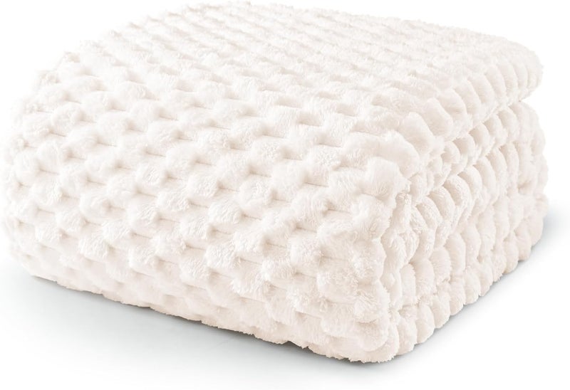 King Size Soft Fleece Blanket, 90x104 Inches Stylish Jacquard Velvet Blanket for Bed, Fuzzy Cozy Lightweight for All Season, Ivory - Image 1