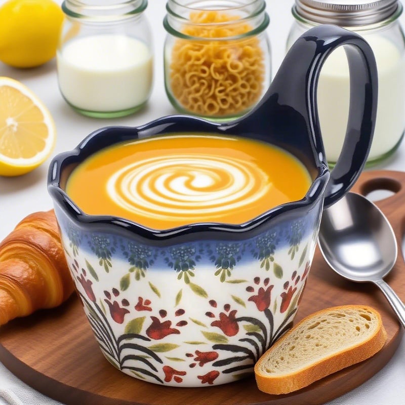 OZY Handpainted Soup Bowl with Handle,Ceramic Cereal Bowl Great for Soup, Ice cream, Fruits,Snack,Microwave &Dishwasher Safe (Polish Red Flower) - Image 5