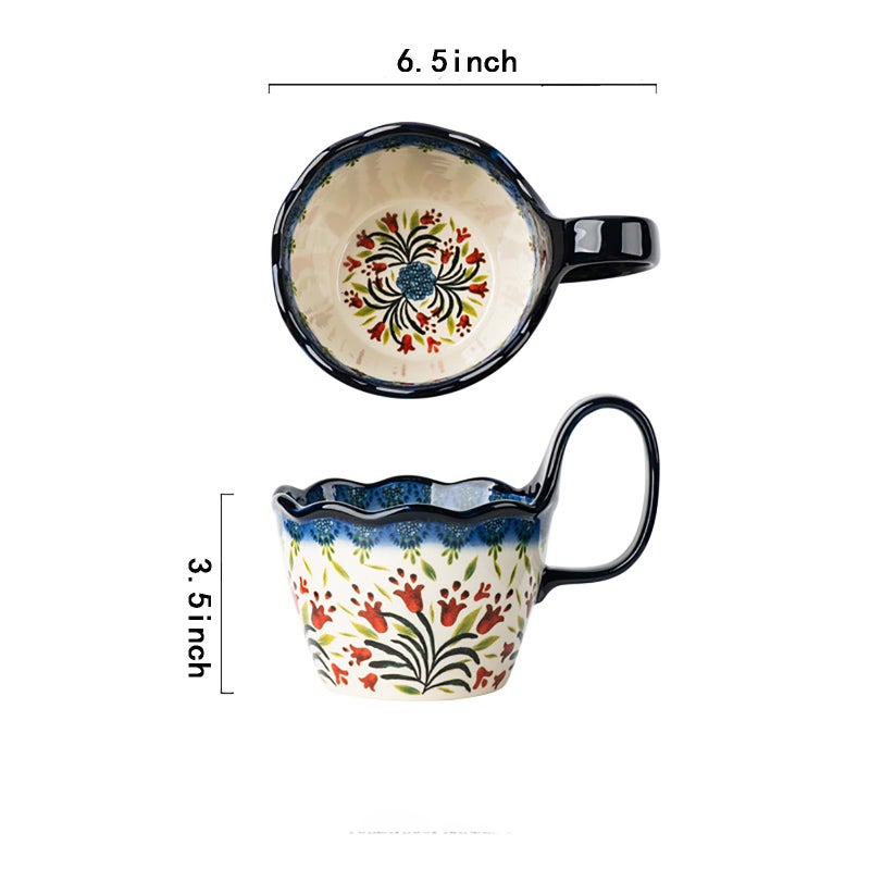 OZY Handpainted Soup Bowl with Handle,Ceramic Cereal Bowl Great for Soup, Ice cream, Fruits,Snack,Microwave &Dishwasher Safe (Polish Red Flower) - Image 2