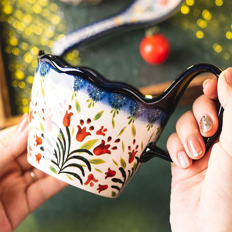 OZY Handpainted Soup Bowl with Handle,Ceramic Cereal Bowl Great for Soup, Ice cream, Fruits,Snack,Microwave &Dishwasher Safe (Polish Red Flower) - Image 3