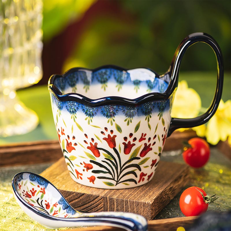 OZY Handpainted Soup Bowl with Handle,Ceramic Cereal Bowl Great for Soup, Ice cream, Fruits,Snack,Microwave &Dishwasher Safe (Polish Red Flower) - Image 4