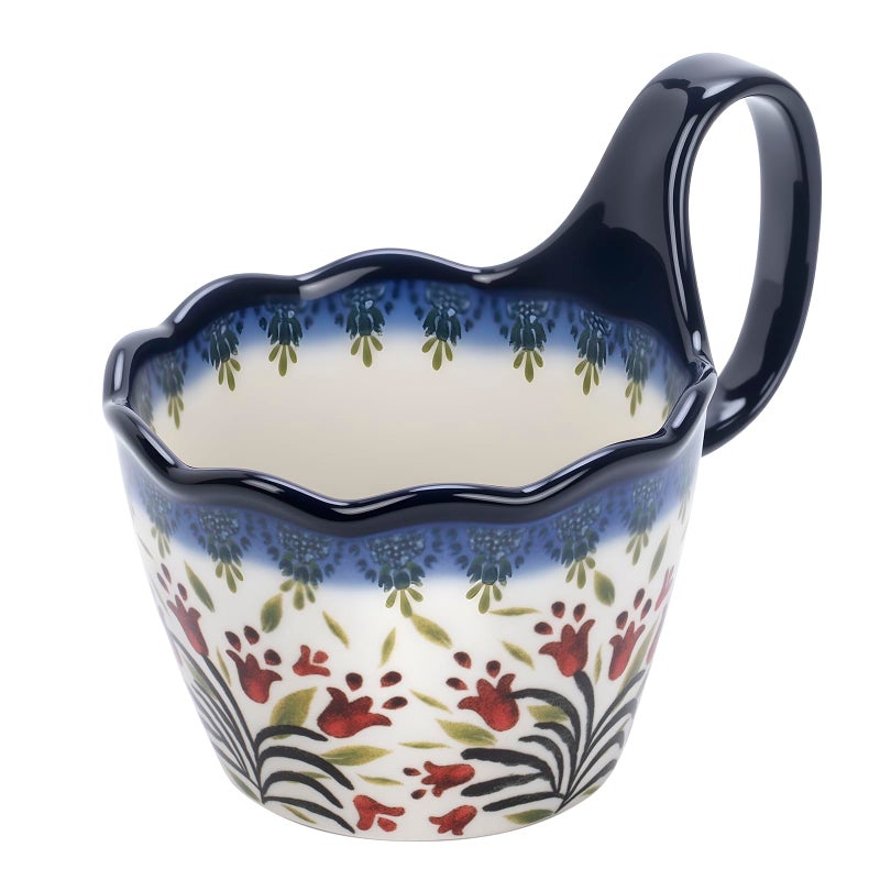 OZY Handpainted Soup Bowl with Handle,Ceramic Cereal Bowl Great for Soup, Ice cream, Fruits,Snack,Microwave &Dishwasher Safe (Polish Red Flower) - Image 1