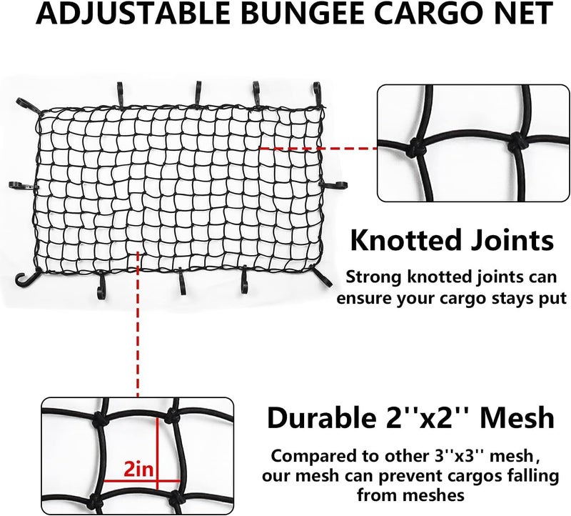 Funmit Small Mesh Cargo Net 22"x38" Stretches to 44"x76" Luggage Bungee Cargo Netting for Car ATV Boat SUV Van Trailer Snowmobile - Image 3