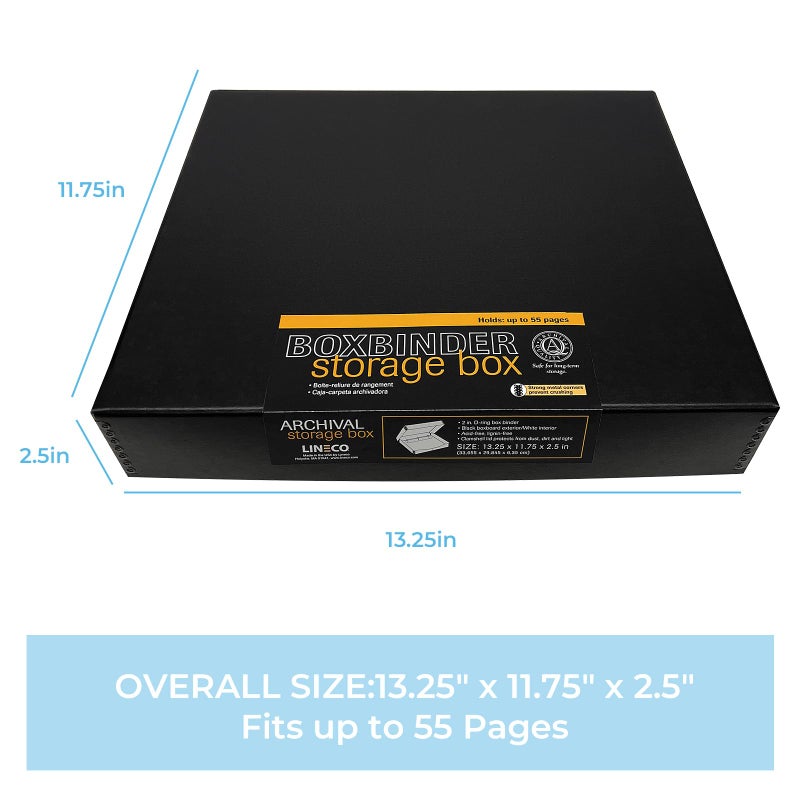Lineco Archival Oversized 3-Ring Album Box with Clamshell Style Lid, Holds Up 55 Pages, 13.25 x 11.75 x 2.5 inch, Black - Image 2