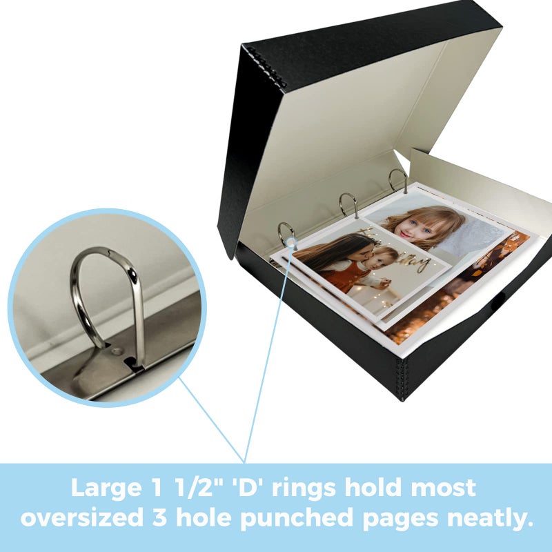 Lineco Archival Oversized 3-Ring Album Box with Clamshell Style Lid, Holds Up 55 Pages, 13.25 x 11.75 x 2.5 inch, Black - Image 5