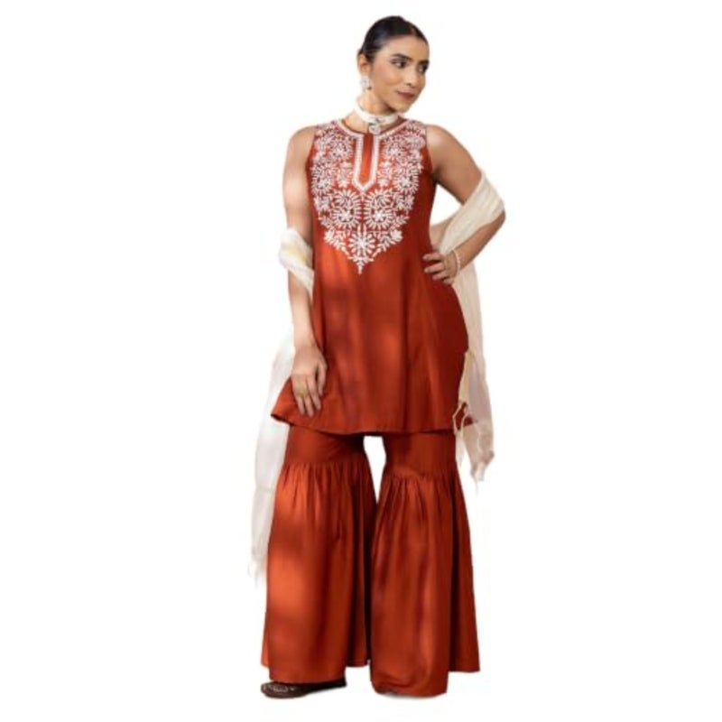 WineRed Rust Flared Kurta, Sharara and Dupatta Set - Image 1