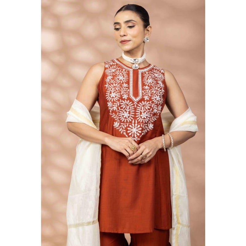WineRed Rust Flared Kurta, Sharara and Dupatta Set - Image 4