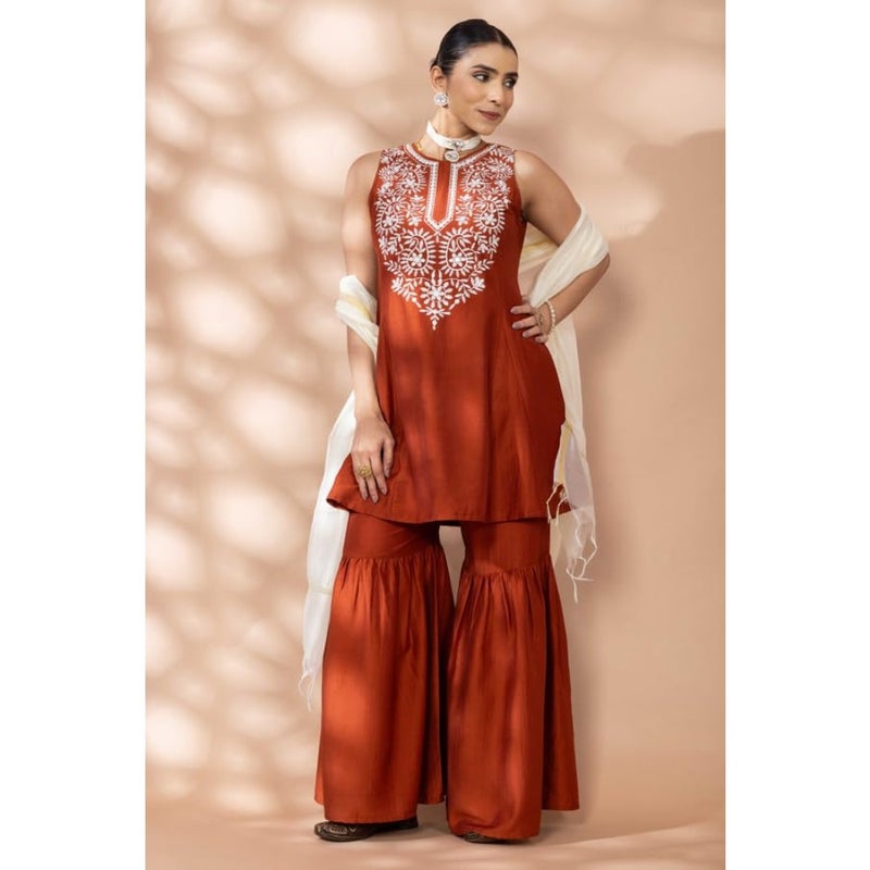 WineRed Rust Flared Kurta, Sharara and Dupatta Set - Image 2