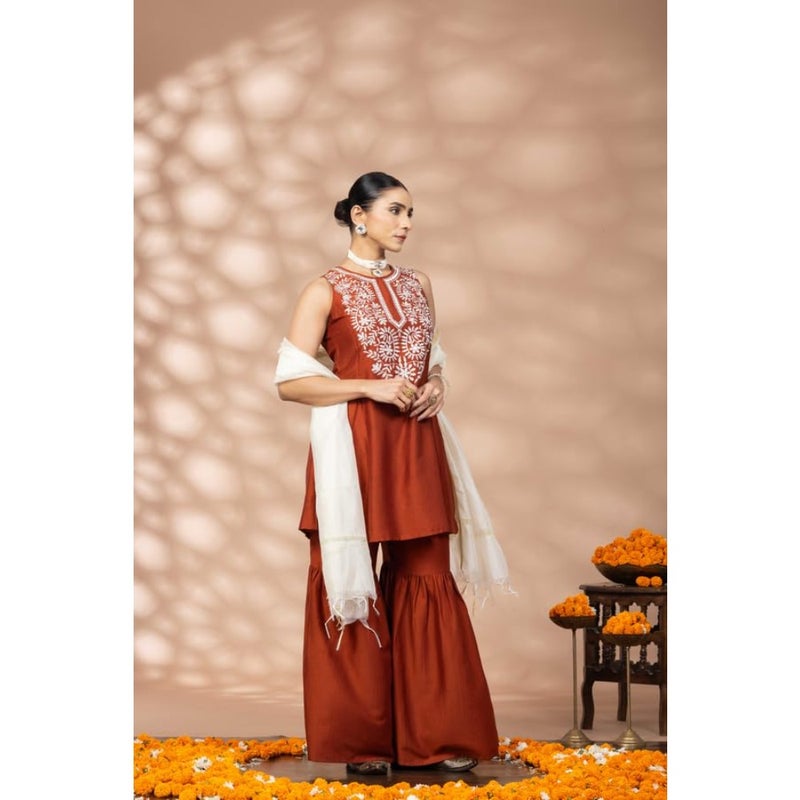 WineRed Rust Flared Kurta, Sharara and Dupatta Set - Image 3