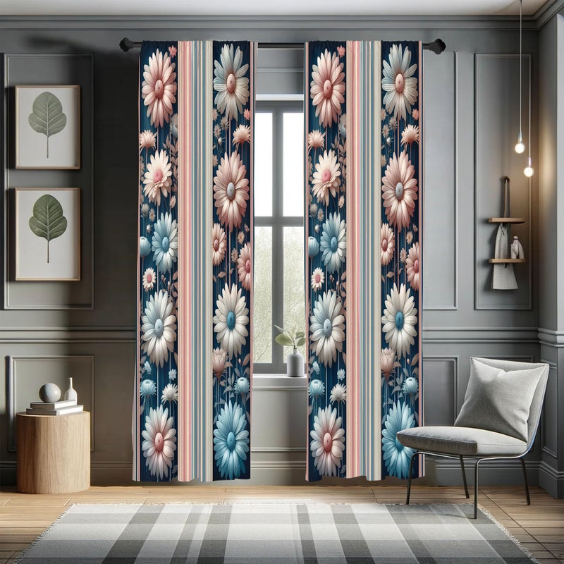 Ambesonne Floral Window Curtains  Nostalgic Garden with Vintage Daisy Flowers and Bicolour Soft Stripes  Lightweight Decor 2-Panel Set with Rod Pocket  Pair of - 28"" x 84""  Dried Rose and Slate Blue - Image 1