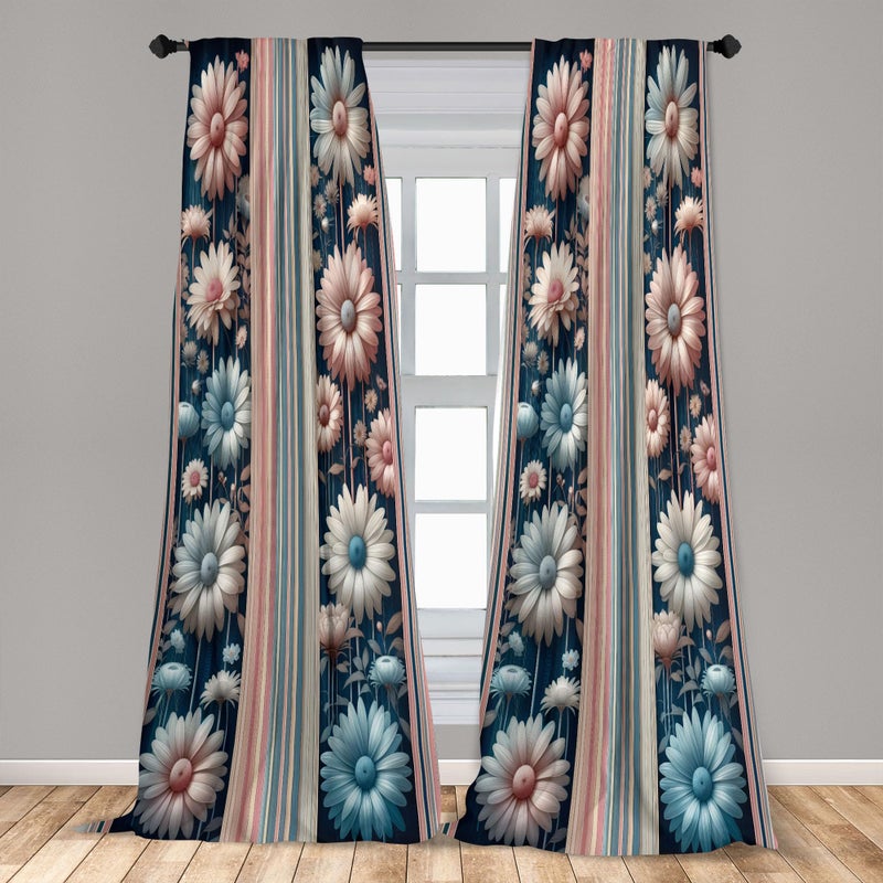 Ambesonne Floral Window Curtains  Nostalgic Garden with Vintage Daisy Flowers and Bicolour Soft Stripes  Lightweight Decor 2-Panel Set with Rod Pocket  Pair of - 28"" x 84""  Dried Rose and Slate Blue - Image 3