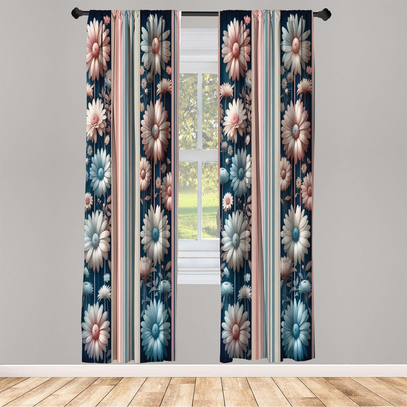 Ambesonne Floral Window Curtains  Nostalgic Garden with Vintage Daisy Flowers and Bicolour Soft Stripes  Lightweight Decor 2-Panel Set with Rod Pocket  Pair of - 28"" x 84""  Dried Rose and Slate Blue - Image 2