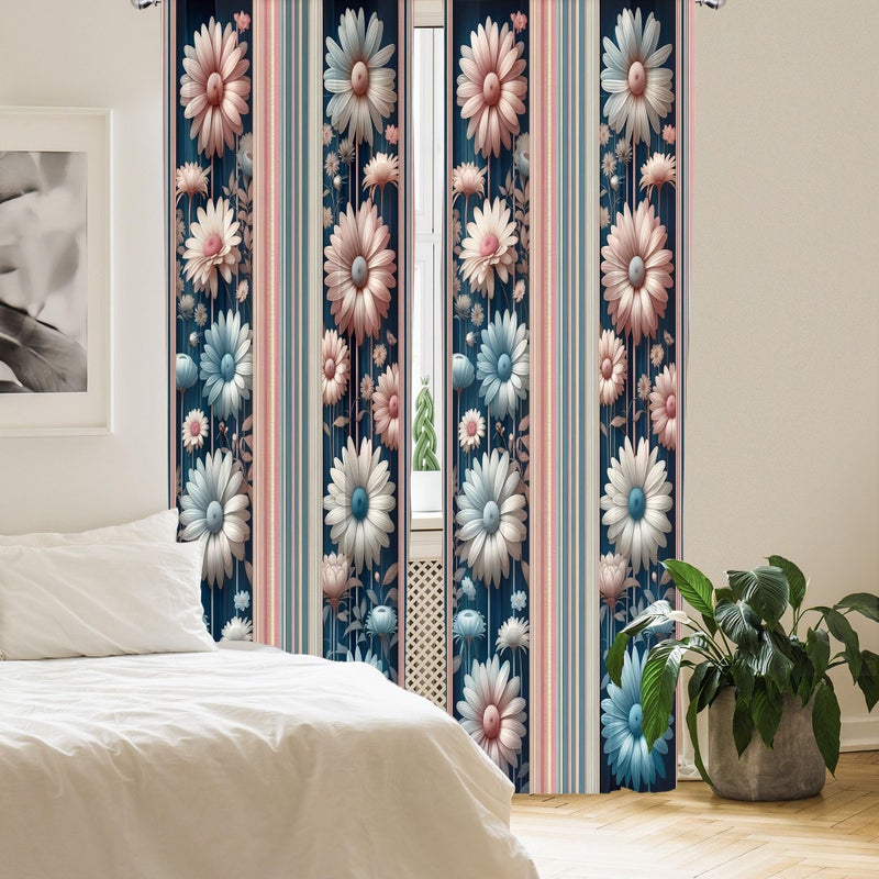 Ambesonne Floral Window Curtains  Nostalgic Garden with Vintage Daisy Flowers and Bicolour Soft Stripes  Lightweight Decor 2-Panel Set with Rod Pocket  Pair of - 28"" x 84""  Dried Rose and Slate Blue - Image 4