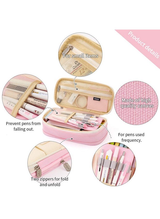 EASTHILL - EASTHILL Canvas Big Capacity Pencil Pen Case Office College School Large Storage High Capacity Bag Pouch Holder Box Organizer (Pink) - Image 1