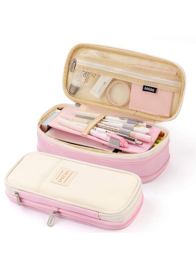 EASTHILL - EASTHILL Canvas Big Capacity Pencil Pen Case Office College School Large Storage High Capacity Bag Pouch Holder Box Organizer (Pink) - Image 1
